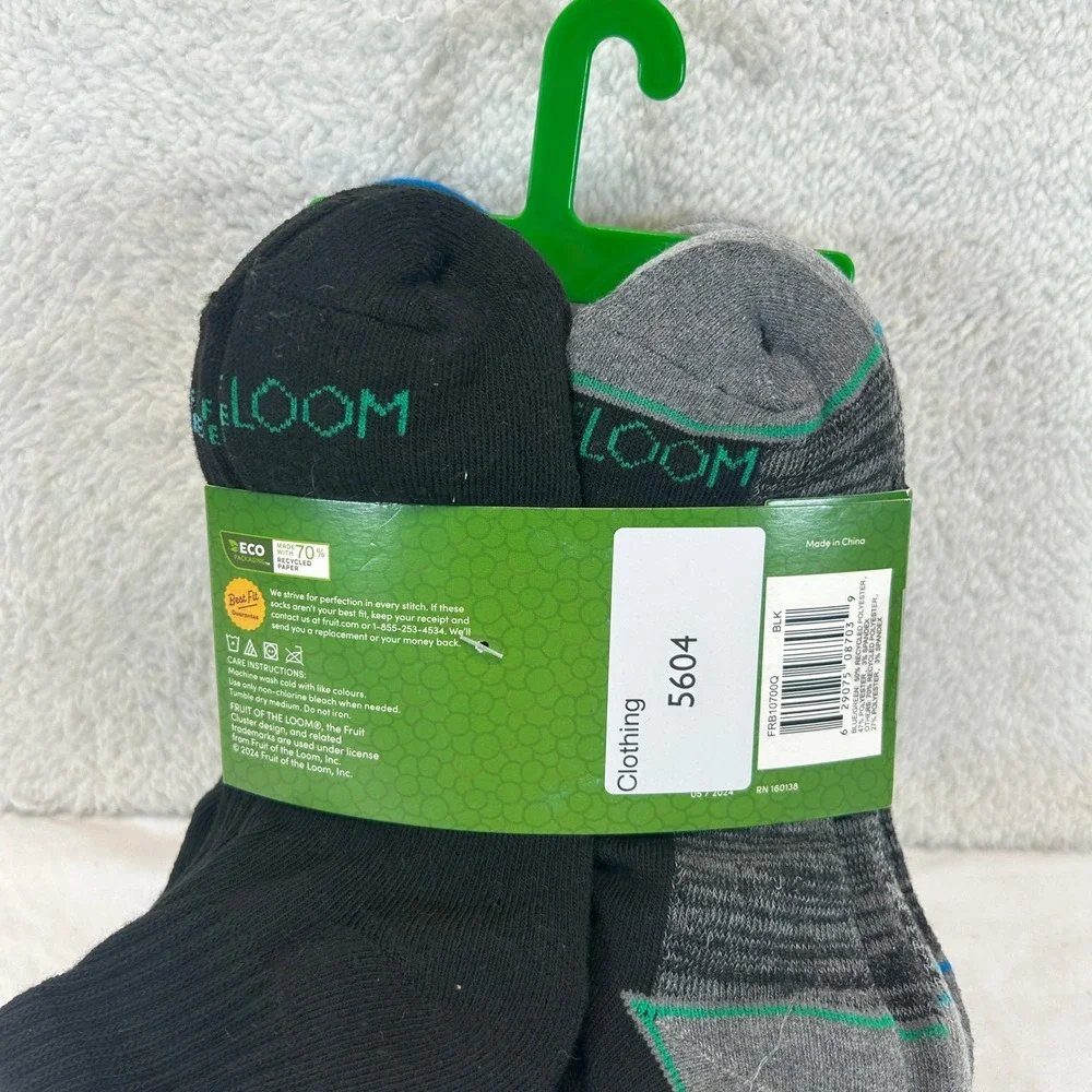Fruit of the Loom 12 Pair Recycled Ankle Socks Black Grey Blue Shoe Size 3-9 NEW
